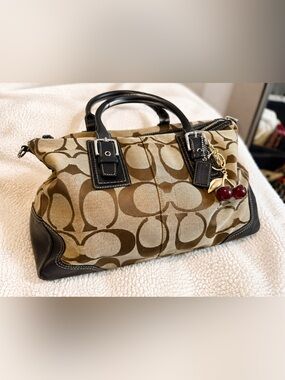Coach Khaki and Brown Signature Satchel with Black Trim